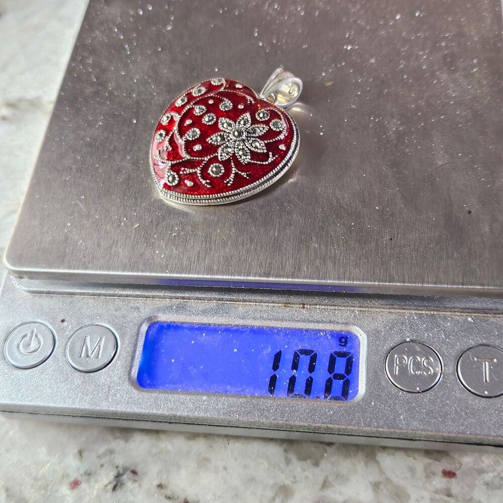 Sterling Silver Enamel Red Heart Pendant with Marcasite Flower Detail 925 - Picture 4 of 4